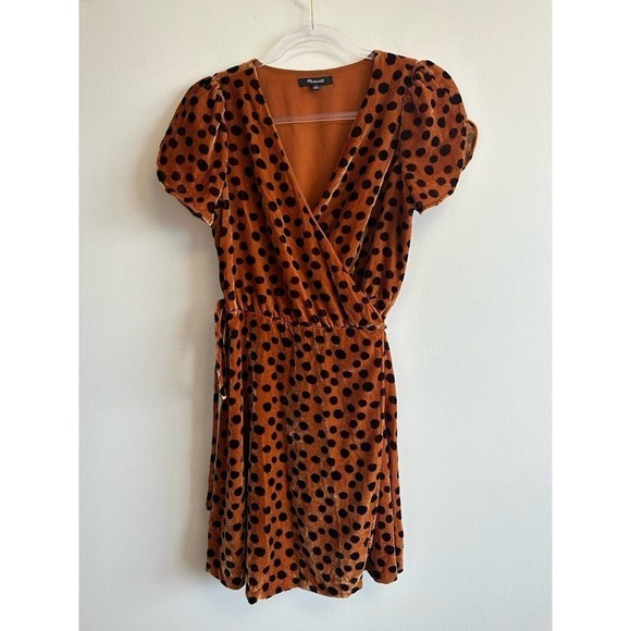 Madewell Velvet Wrap Dress in Leopard Dot Black Brown Size XS - Picture 3 of 9
